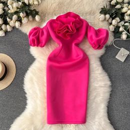 Casual Dresses Slash Neck Formal Occasion 3D Flowers Short Puff Sleeve Skinny Dress Autumn Age-reducing Female Vestidos Drop