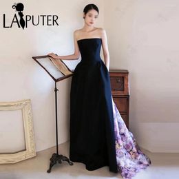 Party Dresses Black Satin Evening With Floral Organza Train Strapless Neck Celebrity Dress A Line Decent Lady Prom Gown