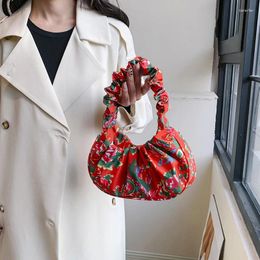 Cosmetic Bags 2024 Northeast Big Flower Vintage Hand Bag Women Pleated Design Mini Underarm Street Fashion Makeup Tote