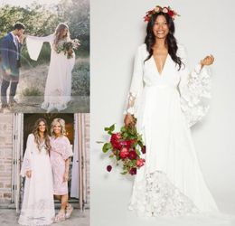 Boho Beach Wedding Dresses Long Bell Sleeve Lace Flower Bridal Gowns Plus Size Bohemia Hippie Wedding Dress8443927