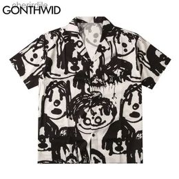 Men's Casual Shirts GONTHWID Hawaiian Beach Shirt Harajuku Graffiti Cartoon Print Shirt Street Clothing Hip Hop Summer Leisure Aloha Fashion Button Top yq240408