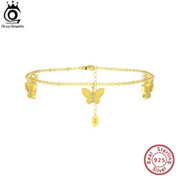 ORSA JEWELS 925 Sterling Silver Butterfly CZ Chain Anklets for Women Fashion 14K Gold Foot Bracelet Ankle Straps Jewellery SA60 240408