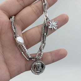 Pendant Necklaces Fashion Baroque Pearl King Stainless Steel Double Layer Star Zircon Chain Bracelets Women Jewelry