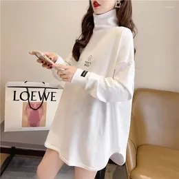 Women's T Shirts Casual Versatile Long Sleeved Loose Mid Length T-shirt Tops Autumn Winter Fashion Elegant Half High Neck Letter