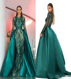 Dark Green Long Sleeves Mermaid Prom Dresses with Detachable Train Satin Sparkly Sequins Custom Made Formal Evening Gown vestido d8081942