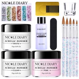 Liquids NICOLE DIARY Nail Acrylic Powder Liquid Crystal Glass Set Nail Glitter Manicure Kit 3D Nail Forms Carving Flower Extension Tools
