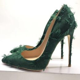 Dress Shoes Sexy Tassel High Heel Pumps Green Red Black Fringe Stiletto Heels Pointed Toe 12CM 10CM 8CM Party Big Size 10