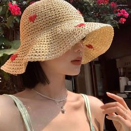 Wide Brim Hats Japanese Cute Love Straw Bucket Hat Women's Summer Vacation Sunshade Sunscreen Cap Big Eaves Seaside Foldable Beach