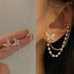 Backs Earrings Fairy Style Imitation Pearl Rhinestone Butterfly Stud For Women Tassel Chain Clip Ear Jewelry Exquisite Gift INS