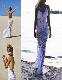 Newest Sexy Style Beach Illusion Wedding Dresses White Lace Halter Neck Backless Long Sheath Bridal Gowns Custom Made W5754984298