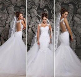 Dresses Designers White Lace And Court Train Illusion Transparent Back Mermaid Wedding Dresses With Removable Train Bridal Dresses Tulle