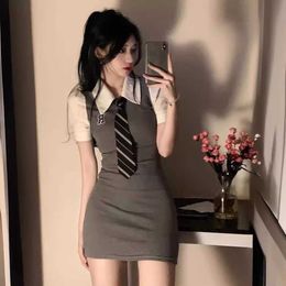 Jk Purely Desired Polo Tie Fake Two Pieces Short Sleeve Waist Slim Fit Tight Wrap Hip Academy Style Dress Womens Summer