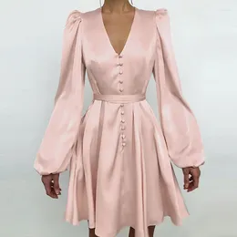 Casual Dresses Spring Fashion Satin Pink Long Sleeve Dress 2024 Elegant Women Button A-Line Mini Loose V-Neck Vestido Party