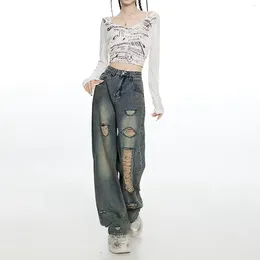 Women's Jeans Wide-Leg Trousers Ladies Casual Pants Ripped Straight Leg High Waist Loose Street Trendy For Fine Woman
