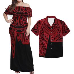 Polynesian Samoan Tribal Design Custom Girl Womens Off-the-shoulder Dress with Shirt Couple Wear 2 Piece Set