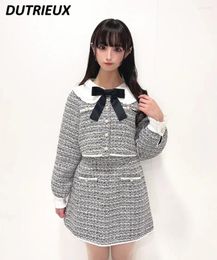 Work Dresses Japanese Style Sweet Spring Autumn Cute Tweed Flower Doll Collar Single-Breasted Coat And Short A-line Skirt Two Piece Suit