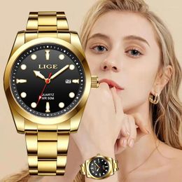 Wristwatches LIGE Ladies Wristwatch Luxury Waterproof Luminous Date Golden Watch For Women Dress Stainless Steel Quartz Women's Watches Box