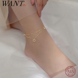 WANTME 925 Sterling Silver Fashion CZ Zircon Round Pendant Chain Punk Anklet for Women European Goth Foot Jewellery Accessories 240408