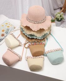 Girls Caps Kids Hats Bucket Wide Brim Straw Hat Accessories Grass Braid Floral Pearl Bags Purses Beach Summer 2Pcs Sets Sweet 26Y8038453