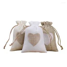 Gift Wrap 5/10 Pcs/Lot Heart Adhesive Drawstring Bags Christmas Party Favours Sacks Wedding Jute Burlap Pouches 8x10/10x14/13x18cm