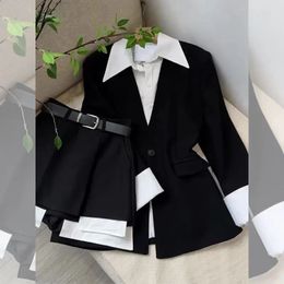 Autumn 2024 Fake Two Piece Suit Jacket Top Half Skirt Shorts Wide Leg Short Pants Set Y2k Black Blazers Shirts 240325