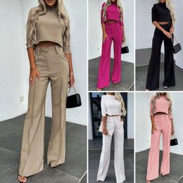 Women's Two Piece Pants Women Top Set Straight Wide Leg High Waist Half-high Collar Three-quarter Sleeve Crop Lady Commute Trousers