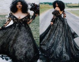 Gothic Design Black Lace Wedding Dresses Long Sleeve Off the Shoulder Deep V Neck A Line Sweep Trail Bridal Gowns Custom8997109