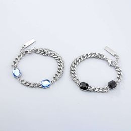 Fashionable Men's Women's Titanium Steel Stacked Spliced Chain with Blue and Black Crystal Bracelet for Jewelry