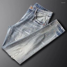 Men's Jeans Street Style Fashion Men Retro Washed Blue Stretch Slim Fit Ripped Painted Designer Hip Hop Denim Pants Hombre