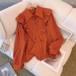 Women's Blouses Chic Designer Vintage Spring Lapel Collar Loose Shirt Tops 2024 Fashion Women Single Breasted Ruffles Laides Office