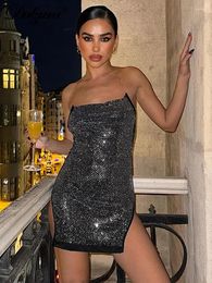 Casual Dresses Dulzura Bling Glitter Sequin Halter Mini Dress For Women Bodycon Sexy Side Slit Backless Short Club Party Prom Outfit Y2K