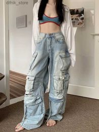 Women's Jeans 2023 Ropa Grunge Y2K Strtwear Washed Blue Baggy Ripped Cargo Jeans Pants Women Clothes New Rock Wide Leg Lady Loose Trousers Y240408