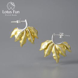 Rings Lotus Fun 18K Gold Vintage Leaves Hoop Earrings for Women Gift Real 925 Sterling Silver Original Luxury Quality Fine Jewelry