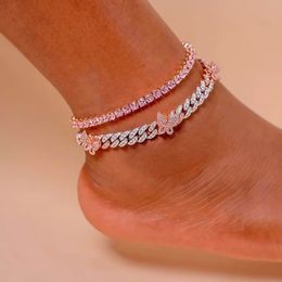 Fashion Iced Out Miami Cuban Chain Foot Leg Jewelry Sparking Bling Rose Cz Butterfly Charm Anklet For Women 240408