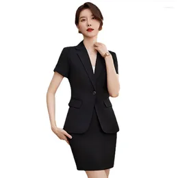 Two Piece Dress Formal Black Blazer Women Business Suits Skirt And Top Set Short Sleeve Jacket Office Ladies Work Uniform OL Styles