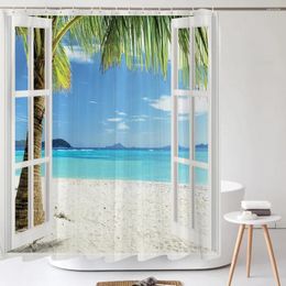 Shower Curtains Sea Beach Palm Trees Curtain Landscape Printed Bath Waterproof Polyester Fabric Bathroom Decorate With Hooks