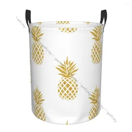 Laundry Bags Basket Round Dirty Clothes Storage Foldable Gold Pineapple Pattern Hamper Organizer