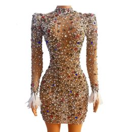 Sparkly Colourful s Transparent Dress Prom Evening Sexy See Through Multicolor Crystals Costume Birthday Fether Sleeves 240327