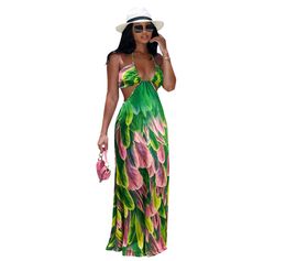 2021 Waist Band Cut Out Summer Bohemian Maxi Dress Women Halter Neck Backless Beach Dresses Sexy Feather Print Club Party Dress X09427009