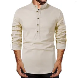 Men's Casual Shirts Soild Blouse Button Long Sleeve Stand Collar Shirt Pullover Spring Fall Male Outdoor Tops Slim Fit Blouses