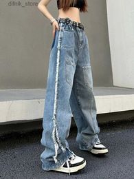 Kvinnors jeans 2023 koreanska y2k multi fickor tvättade blå baggy staplade last jeans byxor för kvinnor kläder gamla dam denim byxor ropa mujer y240408