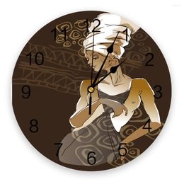 Wall Clocks African Women Headdress Brown Dress Mural Large Clock Dinning Restaurant Cafe Decor Round Home Decoration