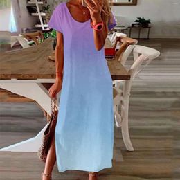 Casual Dresses Women's Summer Dress Fashion Short Sleeve Gradient Print Long Tees Loose Bohemian Side Split Maxi Robe Femme