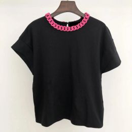 Womens Tops and Blouses Summer New cotton material Pink buckle decoration fashion leisure Black round neck women's T-shirt