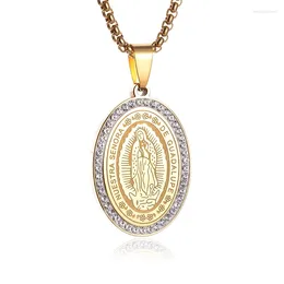 Pendant Necklaces Exquisite Shining Virgin Mary Medal Stainless Steel Inlaid Zircon Necklace For Men Women Church Wear Prayer Jewelry Gift
