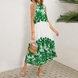 Casual Dresses Bohemian Printed Pleated Long Dress Women Summer Sleeveless Loose Maxi Casaul Dew Shoulder Halter Neck 2024