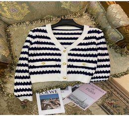2021 Autumn Navy Blue White Striped Short Women039s Sweaters Milan Runway Metal Buttons V Collar Cardigans 724397060207