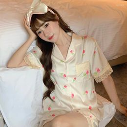 Home Clothing Womens Floral Printed Satin Pyjamas Set Short Sleeve Shirt Shorts Two-Piece Sets Sleepwear Loungewear