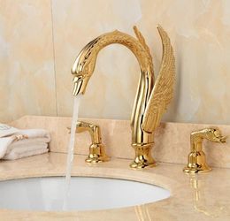 Soild Copper Gold Finish Bathroom Faucet Golden Swan Shape Basin Tap Dual Handle Deck Mount1132168