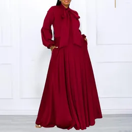 Casual Dresses CINESSD 2024 Autumn And Winter Pure Colour Tied Puff Sleeve High Waist Big Swing Long Dress African